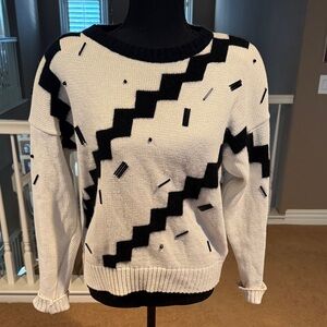 Chaus Black and White Zigzag Vintage Sweater Beaded with Angora